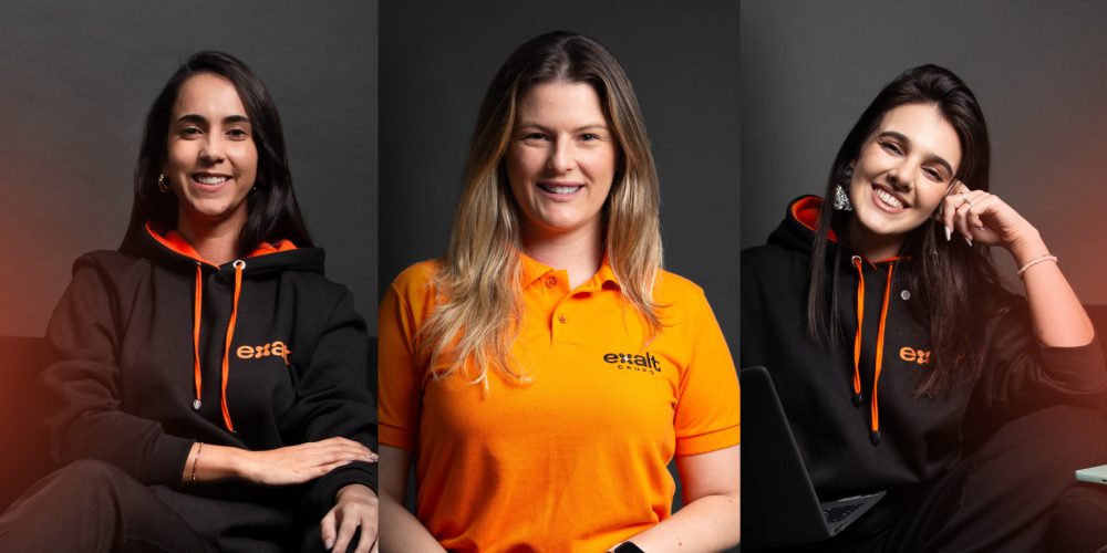 Legenda da imagem: da esquerda para a direita, Pamela Teodoro, gerente administrativa, Jessica Becker, superintendente comercial, e Marina Belotto, gerente de marketing