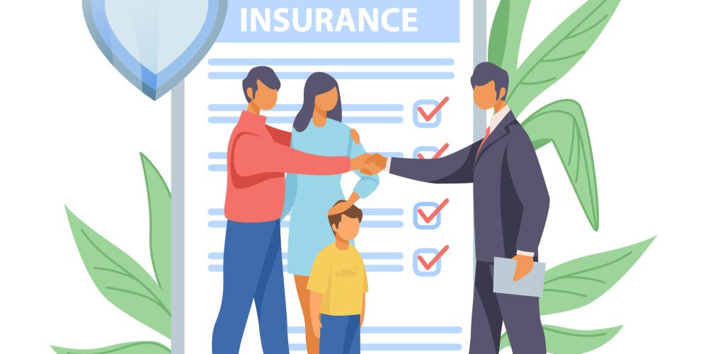 Father shaking hands with insurance agent. Family life insurance flat vector illustration. Insurance concept for banner, website design or landing web page