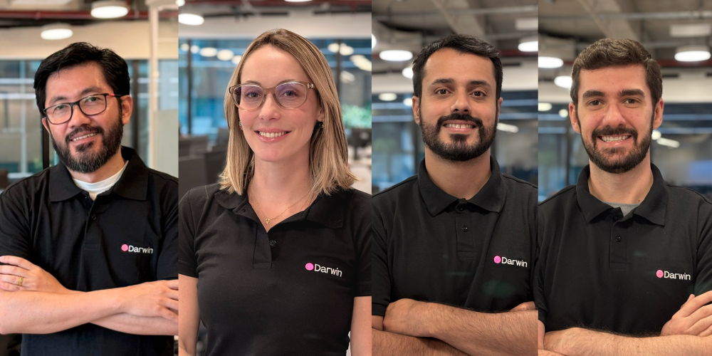 Edson Toguchi (CEO da Darwin Seguros), Samantha Sampaio (Marketing, Digital e Estratégia Comercial), João Duarte (Tecnologia e Operações) e Anderson Conceição (responsável técnico): liderança da Darwin em momento de expansão da companhia para Ramos Corporativos