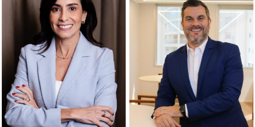 Andrea Nogueira, diretora de seguros massificados e consórcios da Mapfre e Thiago Oldani, superintendente comercial do canal de parcerias da companhia
