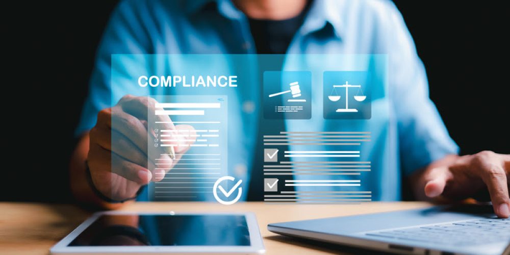 Compliance in business concept. Laws concept. Enforce laws, regulations and standards. requirements, audit diagram on virtual screen.